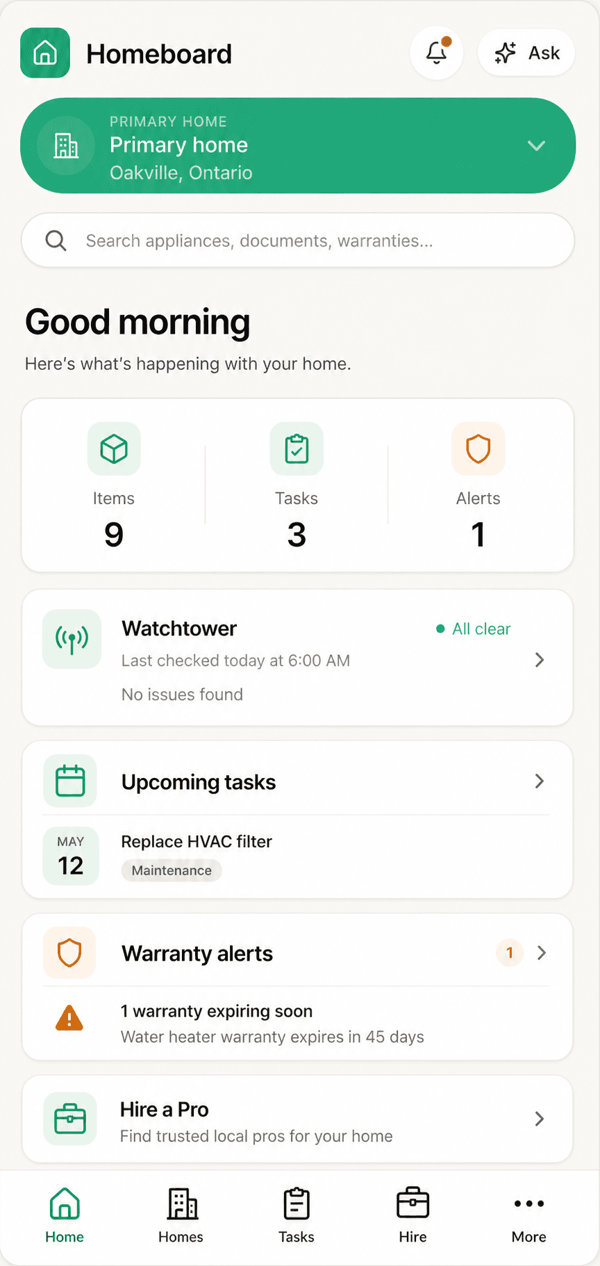 Homeboard mobile dashboard preview showing the selected home, Watchtower, tasks, warranty alerts, and Hire a Pro