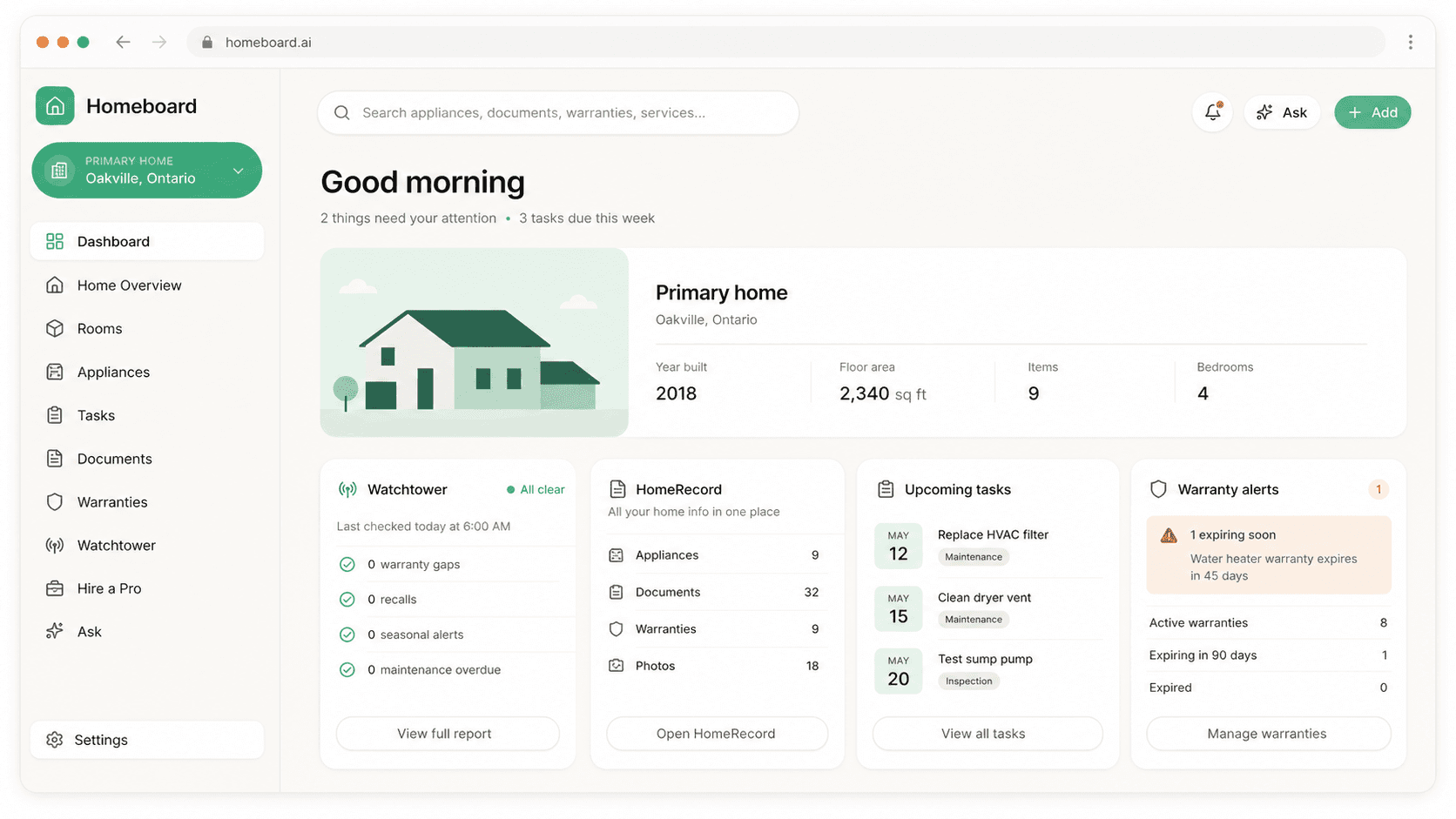Homeboard dashboard preview showing home overview, Watchtower, tasks, warranties, and HomeRecord